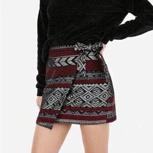 EXPRESS Red Gray Black Metallic Aztec Jacquard Faux Wrap Mini Skirt - Size 0